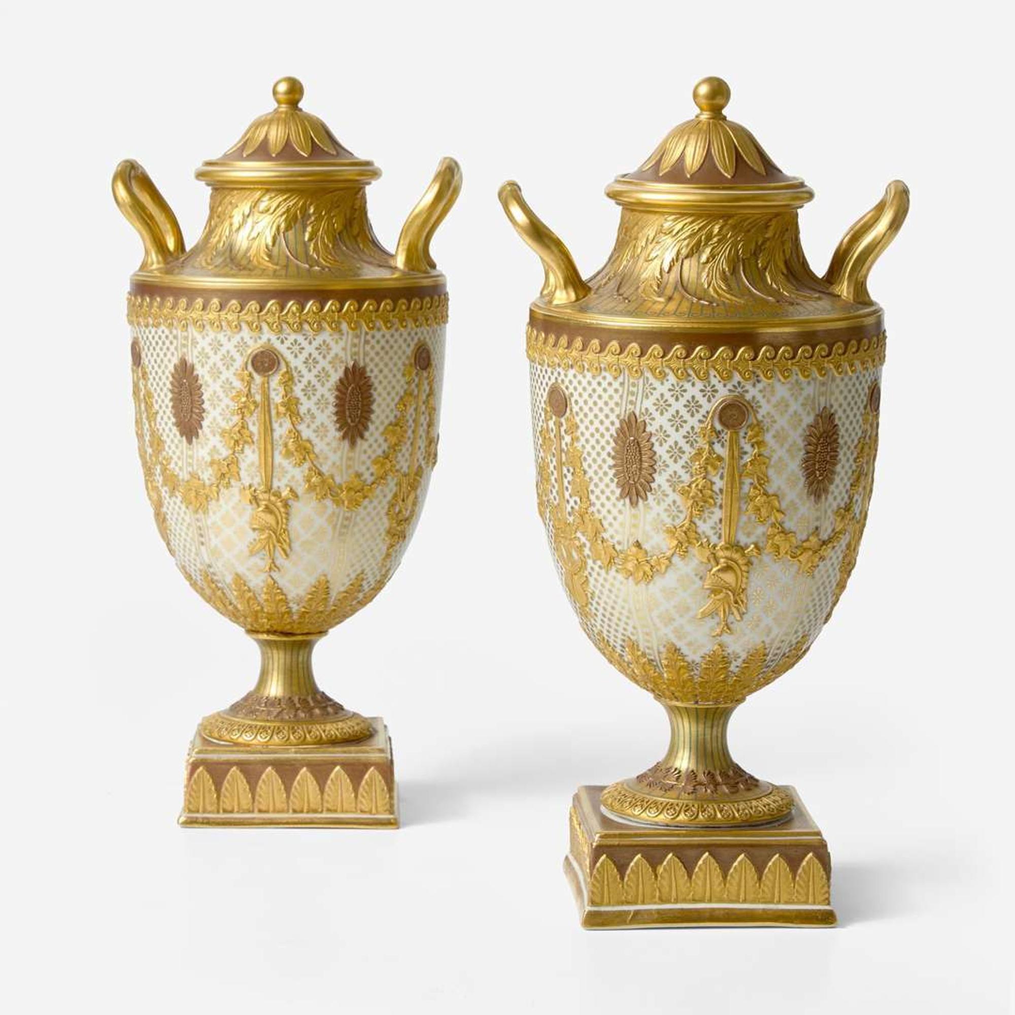 A Pair of Wedgwood Gilded and Bronzed Victoria Ware Vases with Covers UK, 1880s