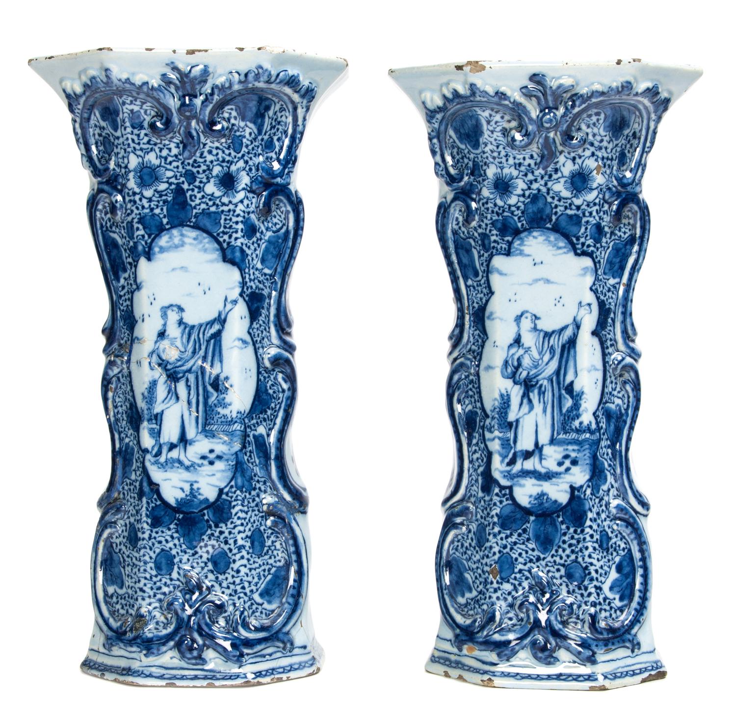 A Pair of Delft Blue and White Flared Panel Form Vases Height 11 1/2 inches.
