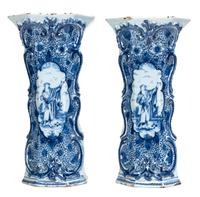 A Pair of Delft Blue and White Flared Panel Form Vases Height 11 1/2 inches.