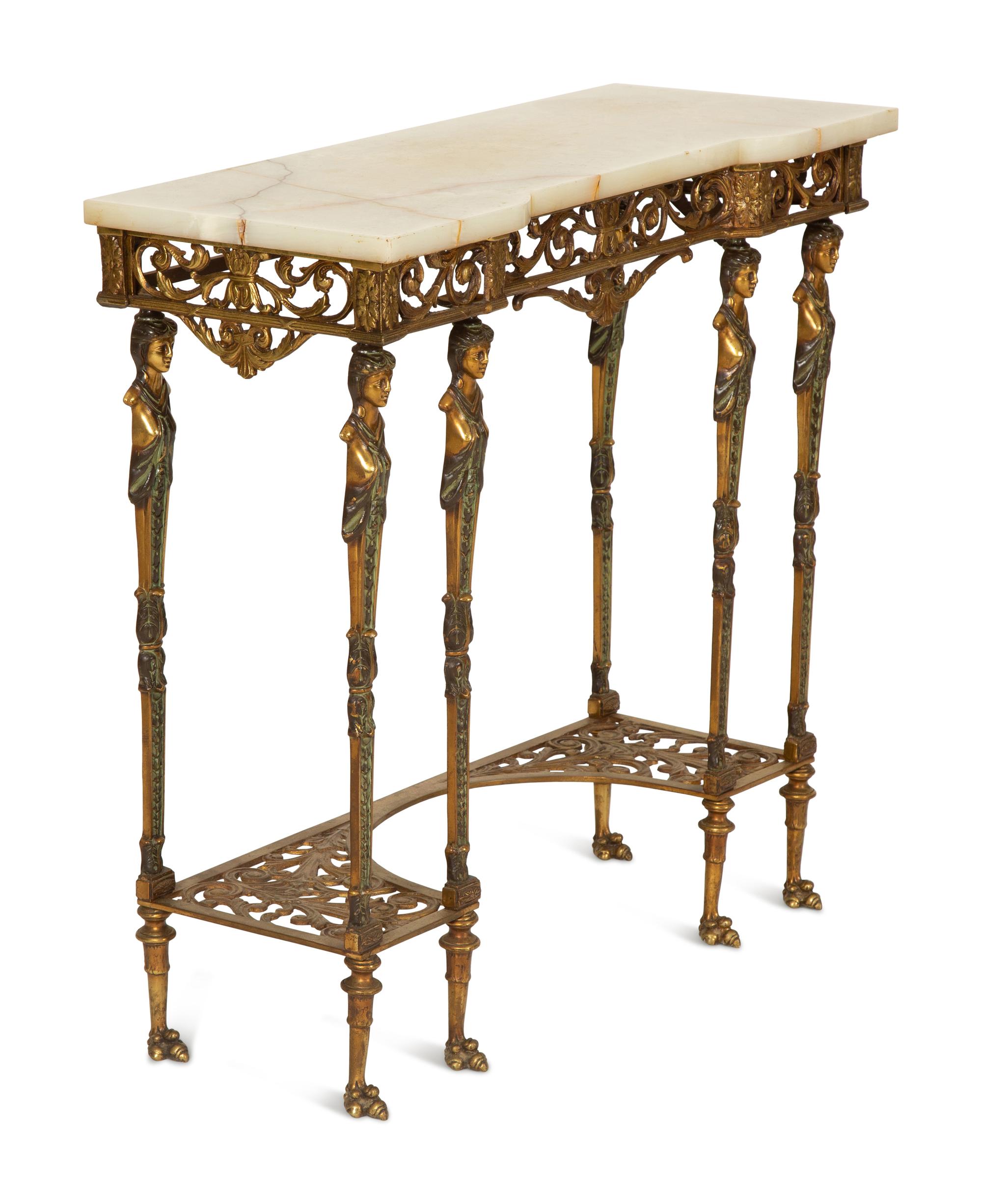 A Continental Gilt Metal Onyx Top Small Console Table