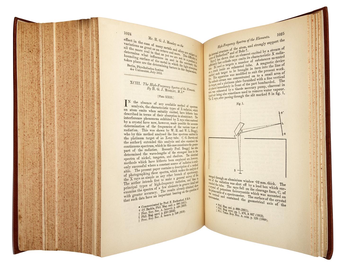 BOHR, Niels (1885-1962). “On the Constitution of Atoms and Molecules.” In: The London, Edinburgh, and Dublin Philosophical Magazine , Sixth Series, Vol. 26, Nos. 151, 153, 155, pp. 1-25, 476-501, 857-875. London: Taylor & Francis, July, September, and November 1913. (3 parts).