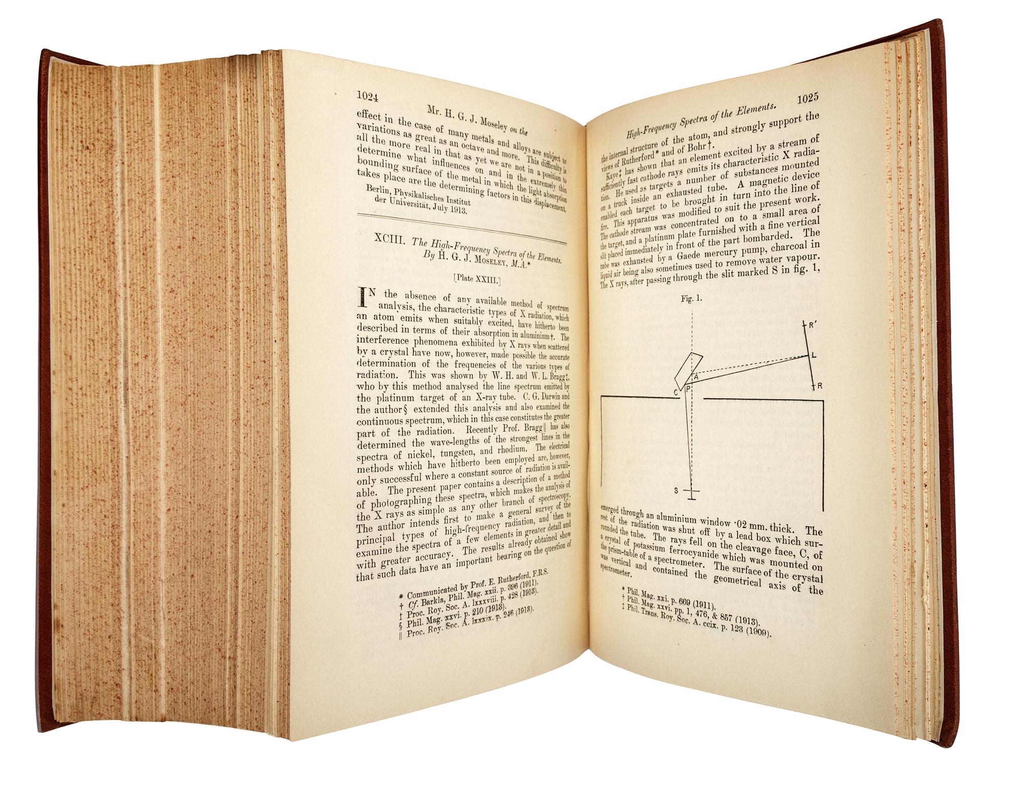 BOHR, Niels (1885-1962). “On the Constitution of Atoms and Molecules.” In: The London, Edinburgh, and Dublin Philosophical Magazine , Sixth Series, Vol. 26, Nos. 151, 153, 155, pp. 1-25, 476-501, 857-875. London: Taylor & Francis, July, September, and November 1913. (3 parts).