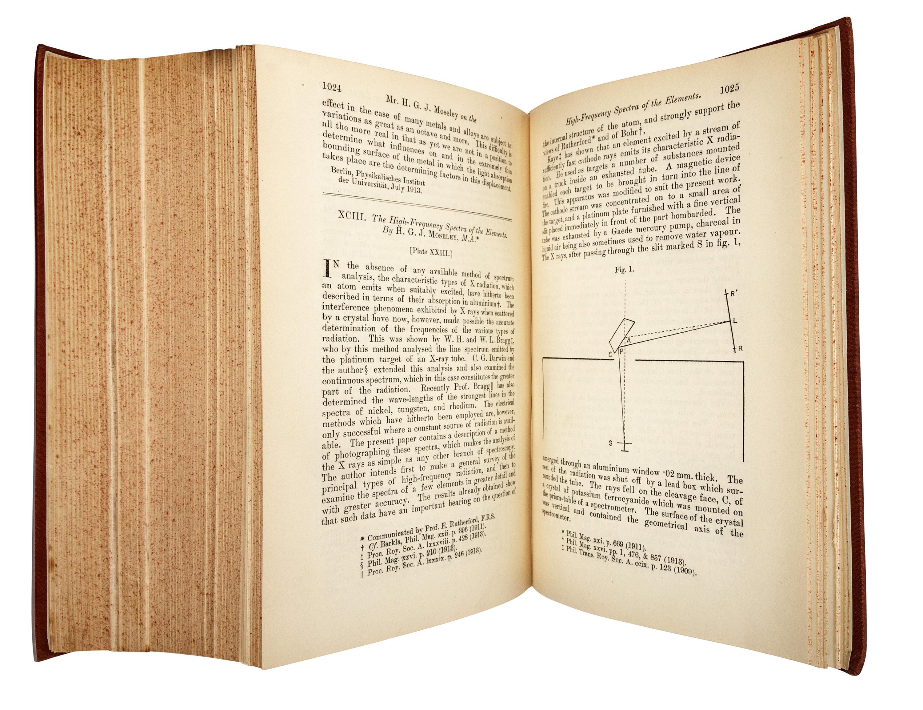 BOHR, Niels (1885-1962). “On the Constitution of Atoms and Molecules.” In: The London, Edinburgh, and Dublin Philosophical Magazine , Sixth Series, Vol. 26, Nos. 151, 153, 155, pp. 1-25, 476-501, 857-875. London: Taylor & Francis, July, September, and November 1913. (3 parts).