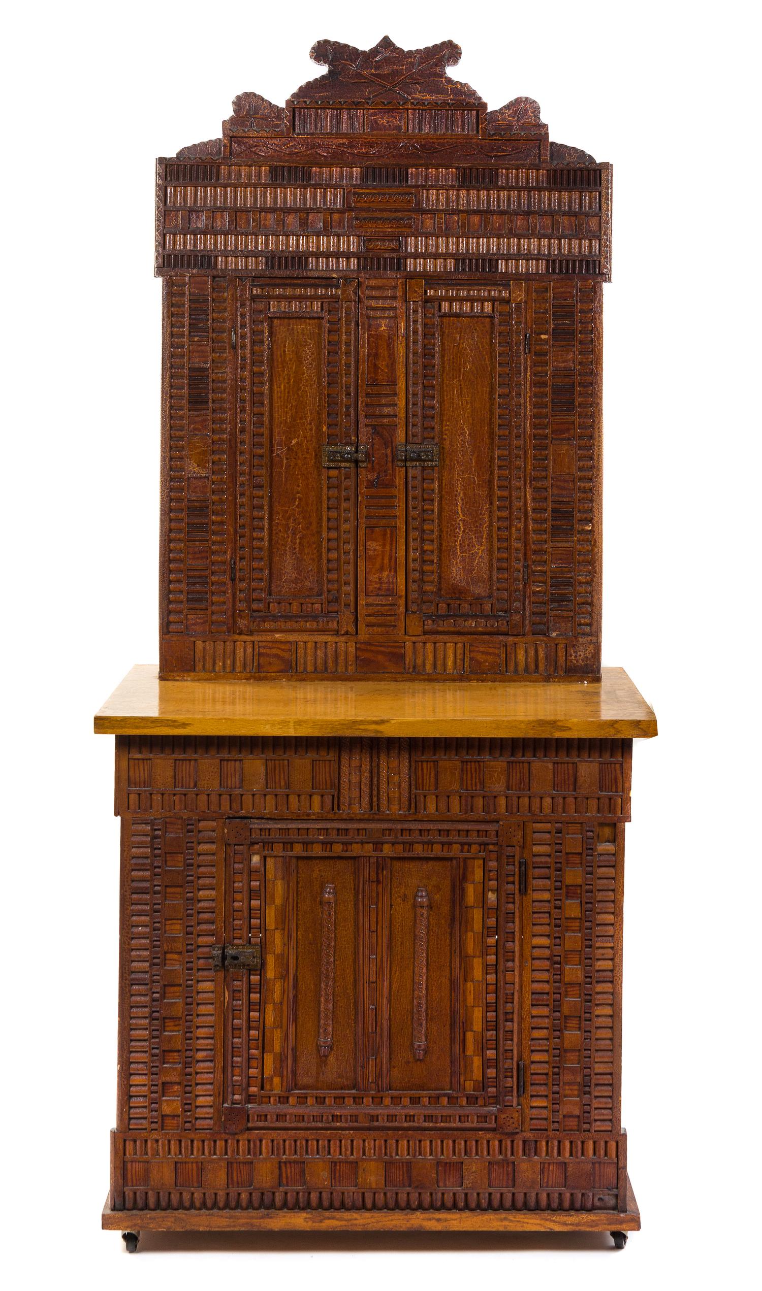 A Tramp Art Cupboard Height 75 x width 33 x depth 24 3/8 inches. — LATE 19TH/EARLY 20TH CENTURY