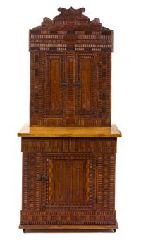 A Tramp Art Cupboard Height 75 x width 33 x depth 24 3/8 inches. — LATE 19TH/EARLY 20TH CENTURY