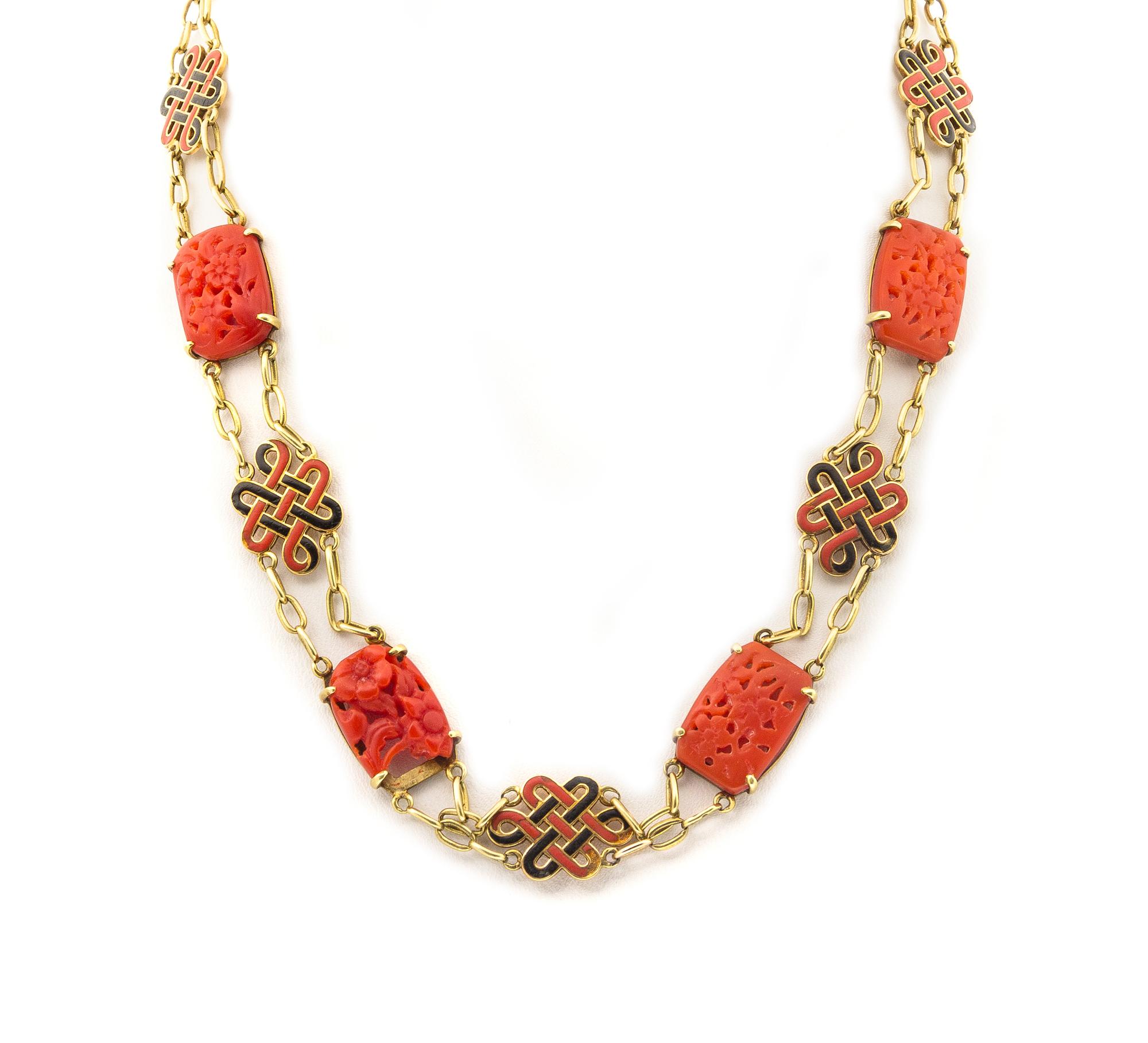 An 18 Karat Yellow Gold, Coral and Polychrome Enamel Necklace, 22.40 dwts.