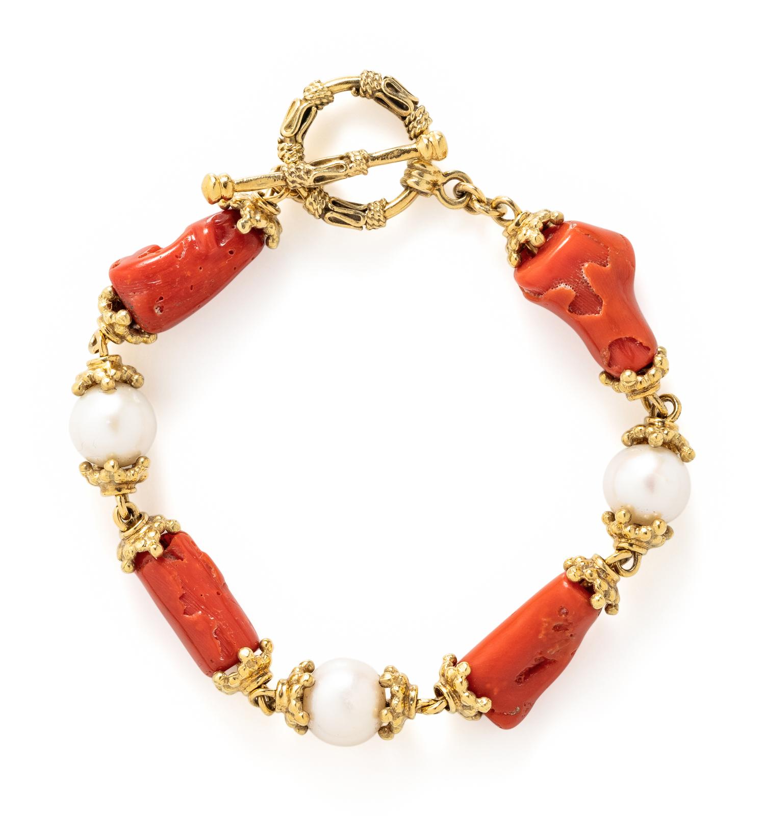 MAZ, YELLOW GOLD, CORAL AND CULTURED PEARL BRACELET