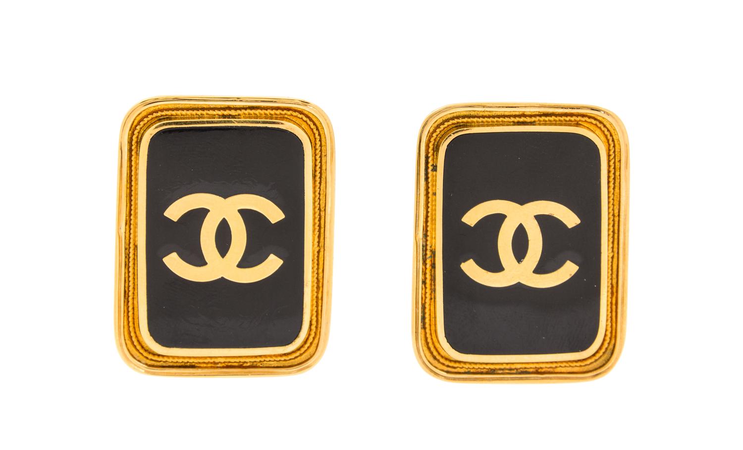 A Pair of Chanel Black and Goldtone Rectangle Earclips, 1.5" x 1.5".