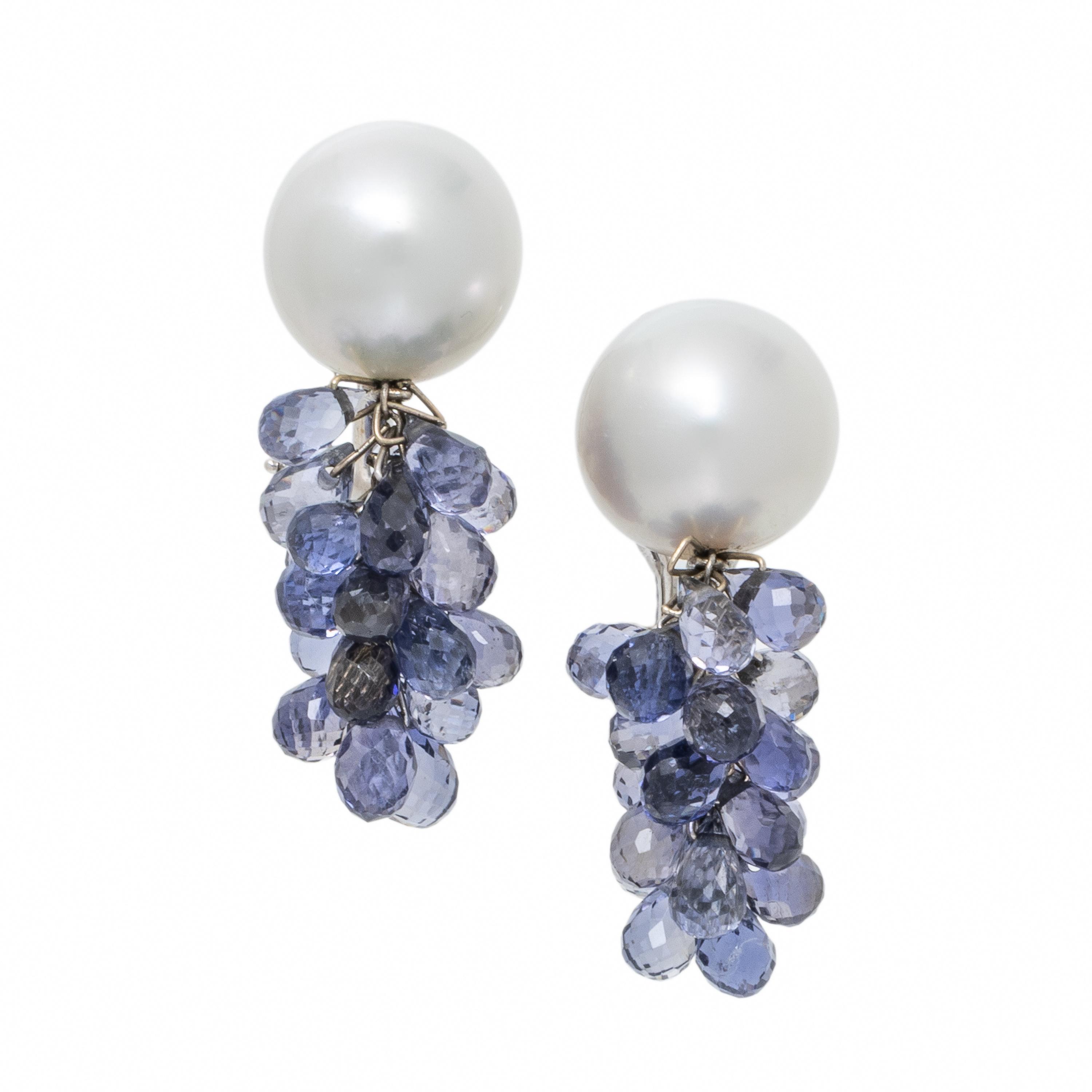 Mish, Iolite, Cultured Pearl, and White Gold Earrings