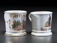 Two Cyclist's Porcelain Shaving Mugs