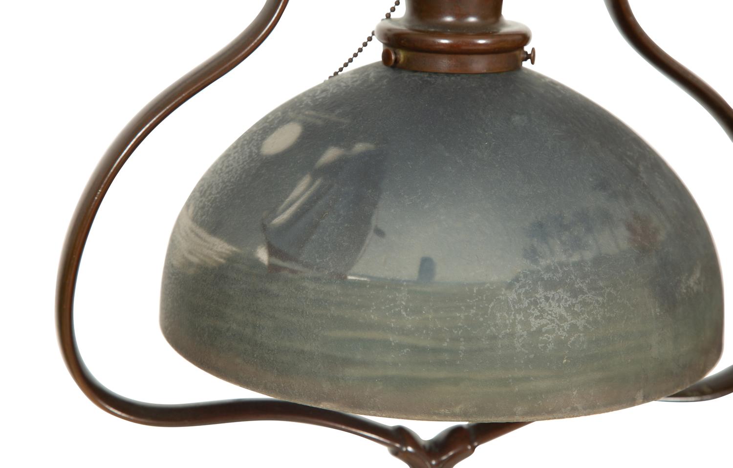 An Handel Reverse Painted Glass Treasure Island Harp Floor Lamp