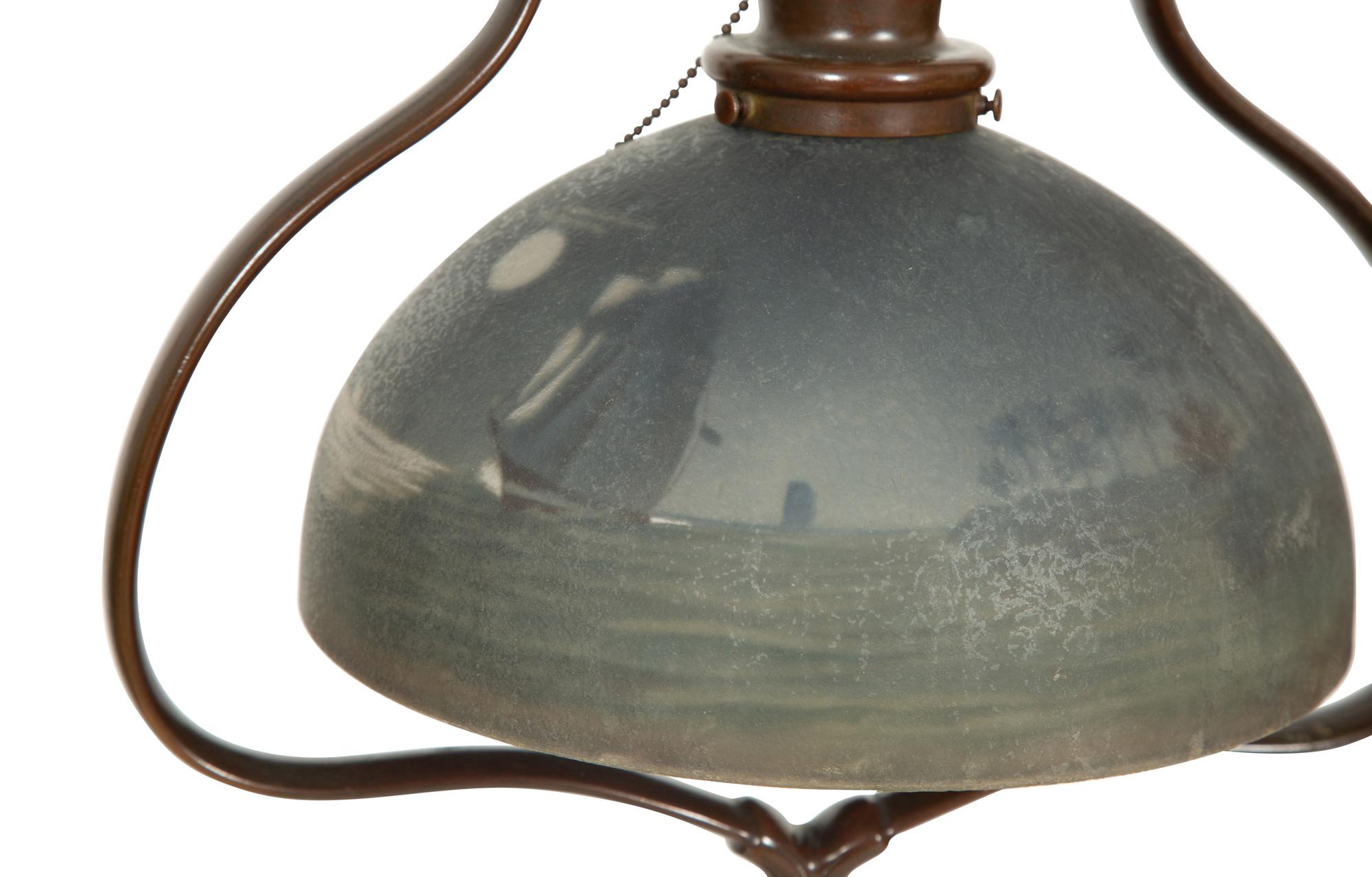 An Handel Reverse Painted Glass Treasure Island Harp Floor Lamp