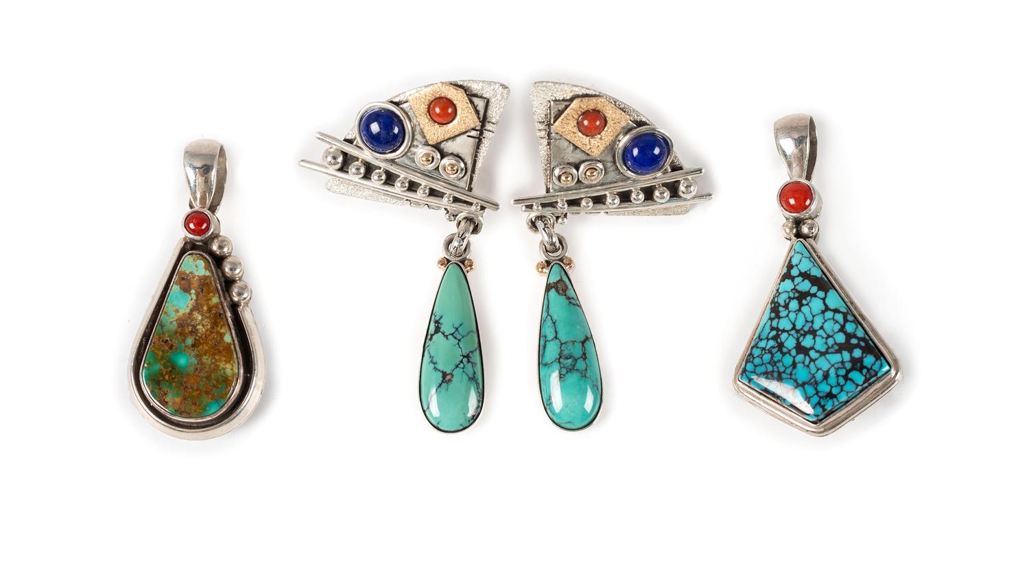 Silver Post Earrings and Pendant with 14K Gold Accents and set with Turquoise, Coral, and Lapis