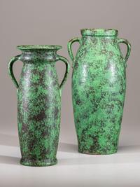 Two Coppertone Monumental Two-Handled Floor Vases