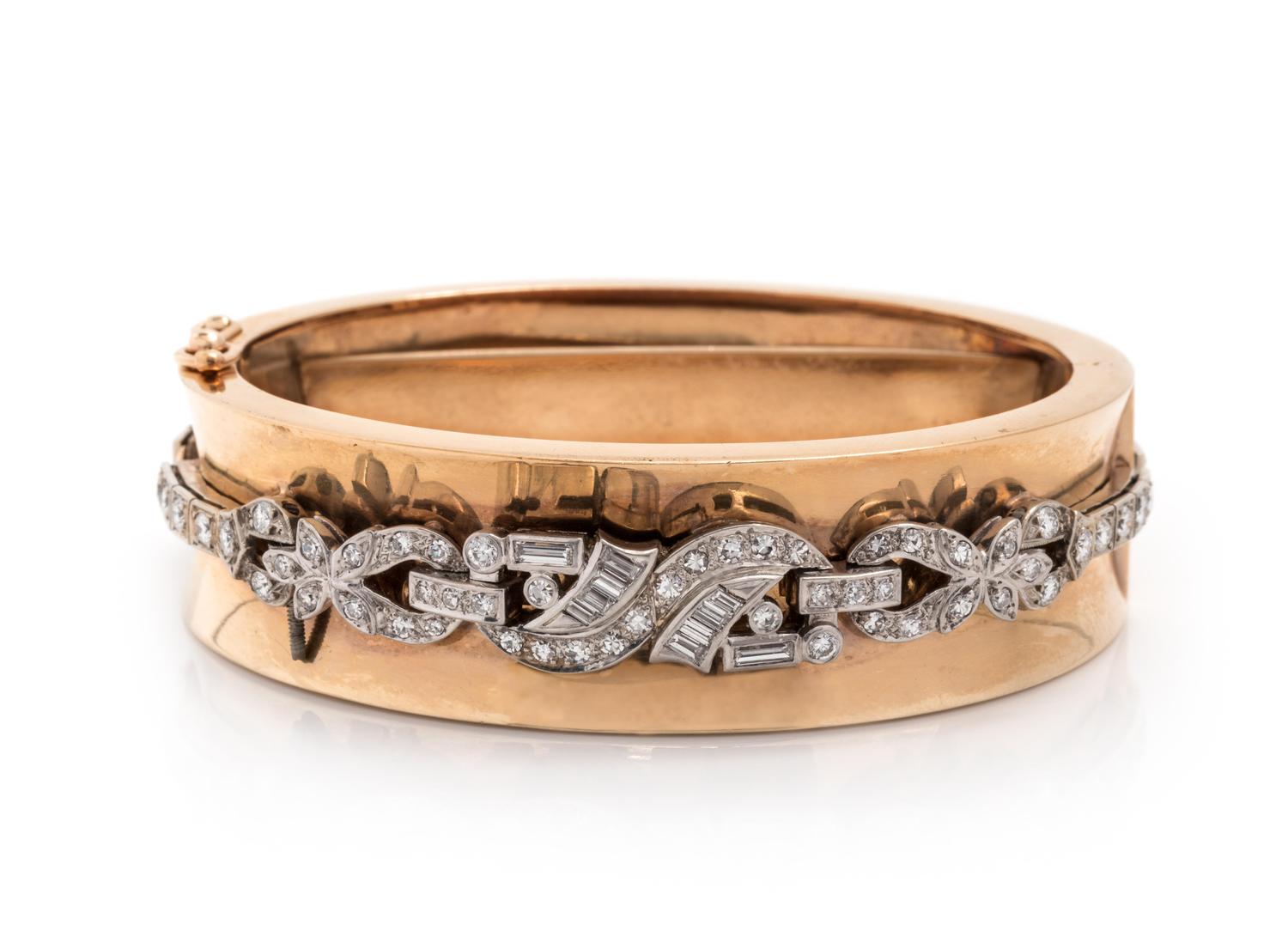 DIAMOND, PLATINUM AND YELLOW GOLD BANGLE BRACELET