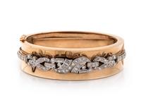 DIAMOND, PLATINUM AND YELLOW GOLD BANGLE BRACELET