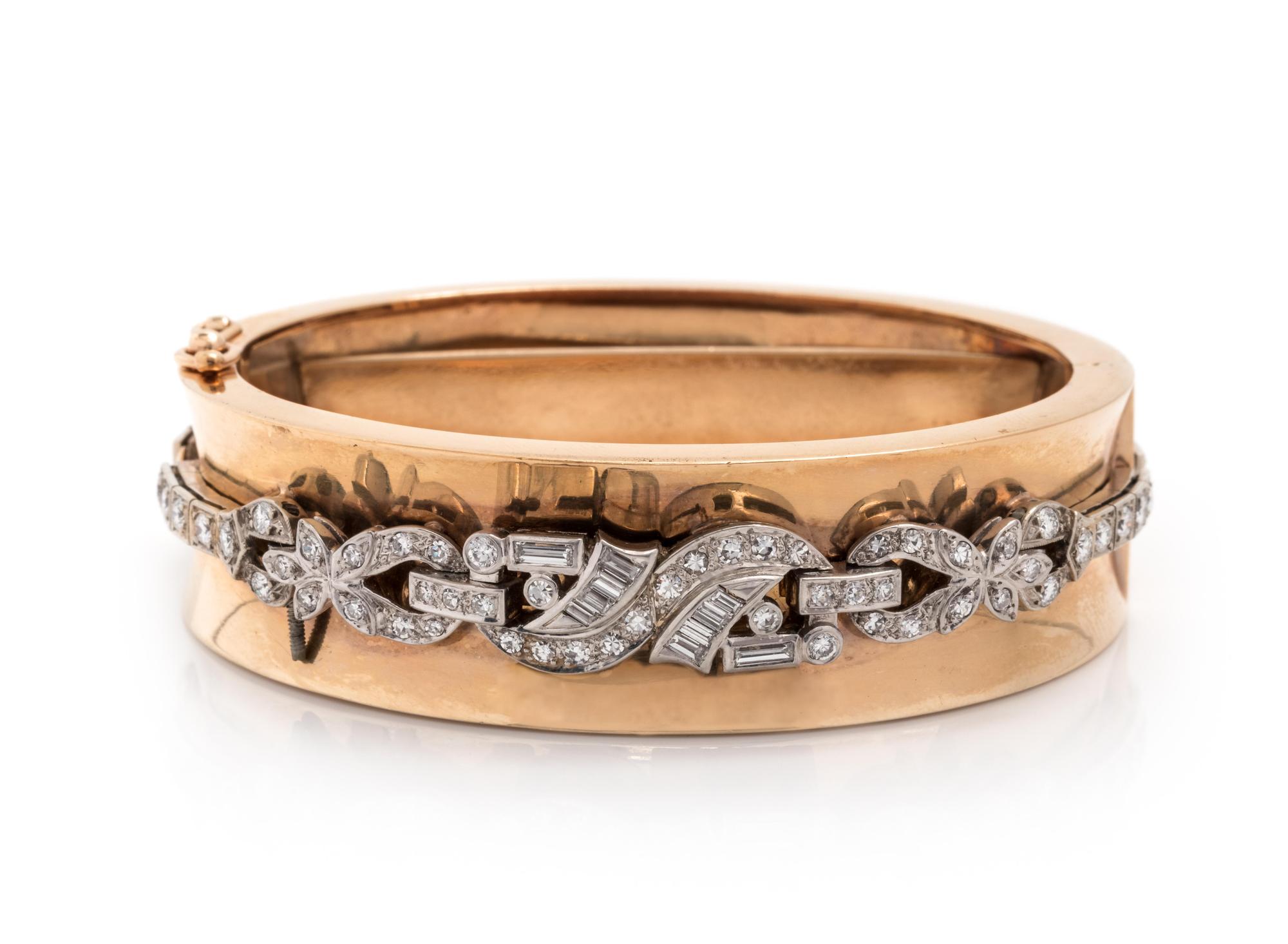 DIAMOND, PLATINUM AND YELLOW GOLD BANGLE BRACELET