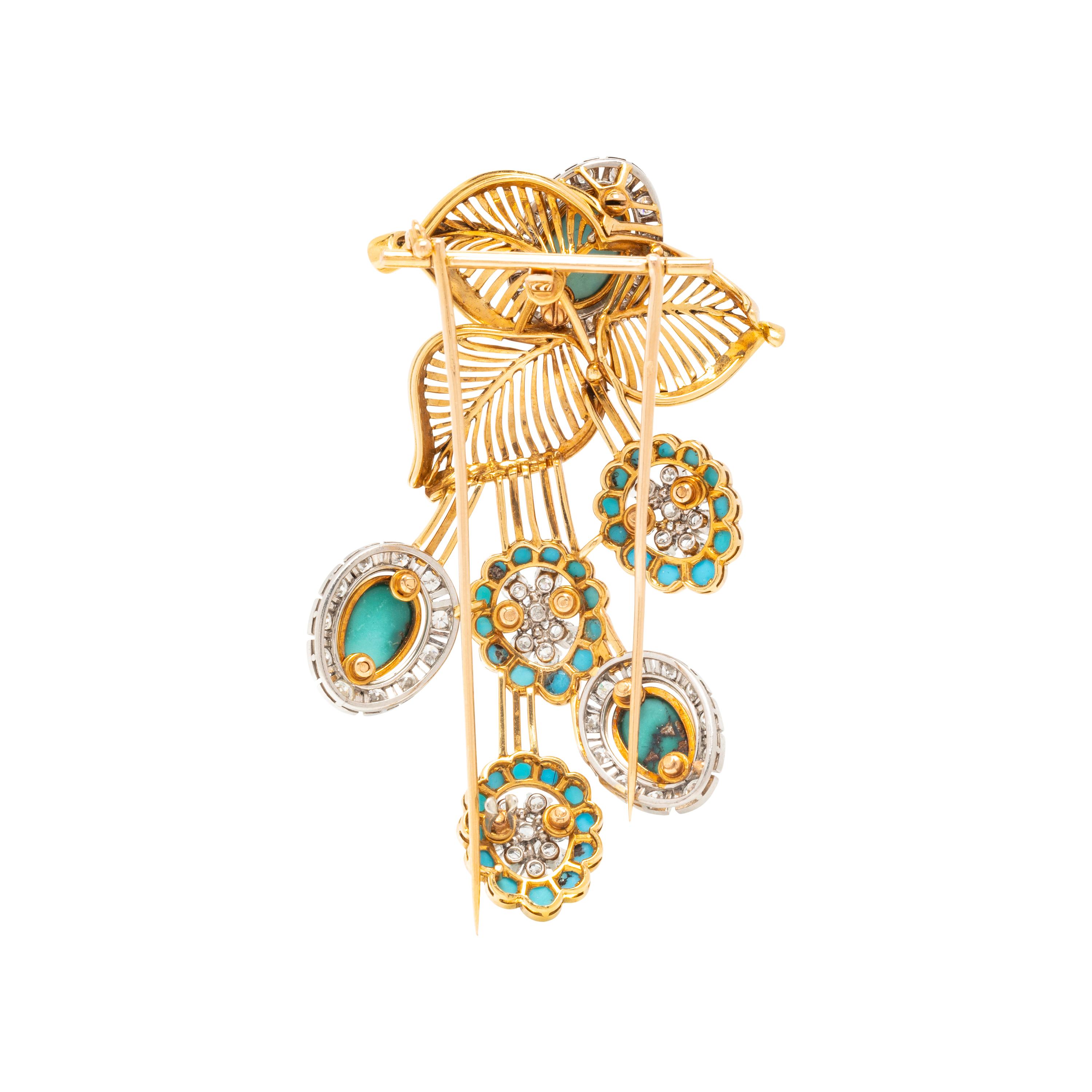 FRENCH, RETRO, YELLOW GOLD, TURQUOISE AND DIAMOND BROOCH