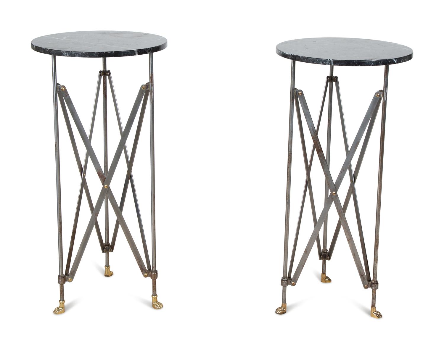 A Pair of Neoclassical Style Steel and Brass Pedestal Tables — 20TH CENTURY