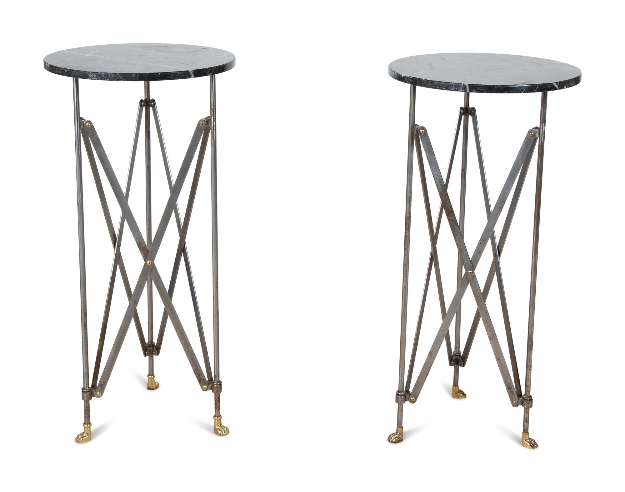 A Pair of Neoclassical Style Steel and Brass Pedestal Tables — 20TH CENTURY