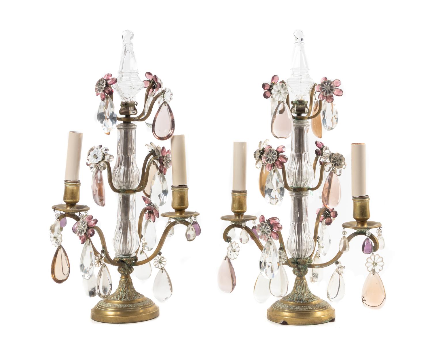 A Pair of Continental Brass and Glass Two-Light Candelabra