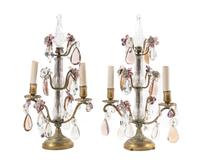 A Pair of Continental Brass and Glass Two-Light Candelabra