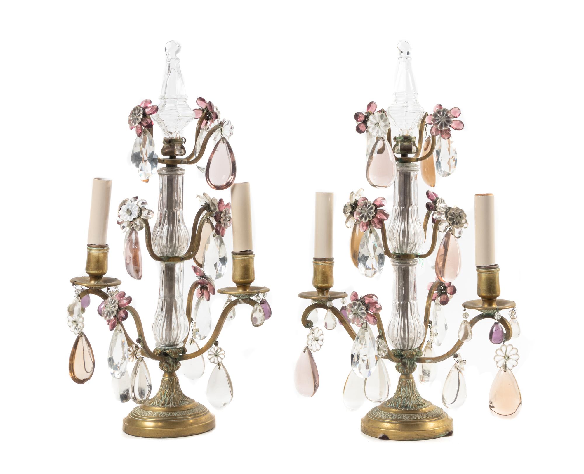 A Pair of Continental Brass and Glass Two-Light Candelabra
