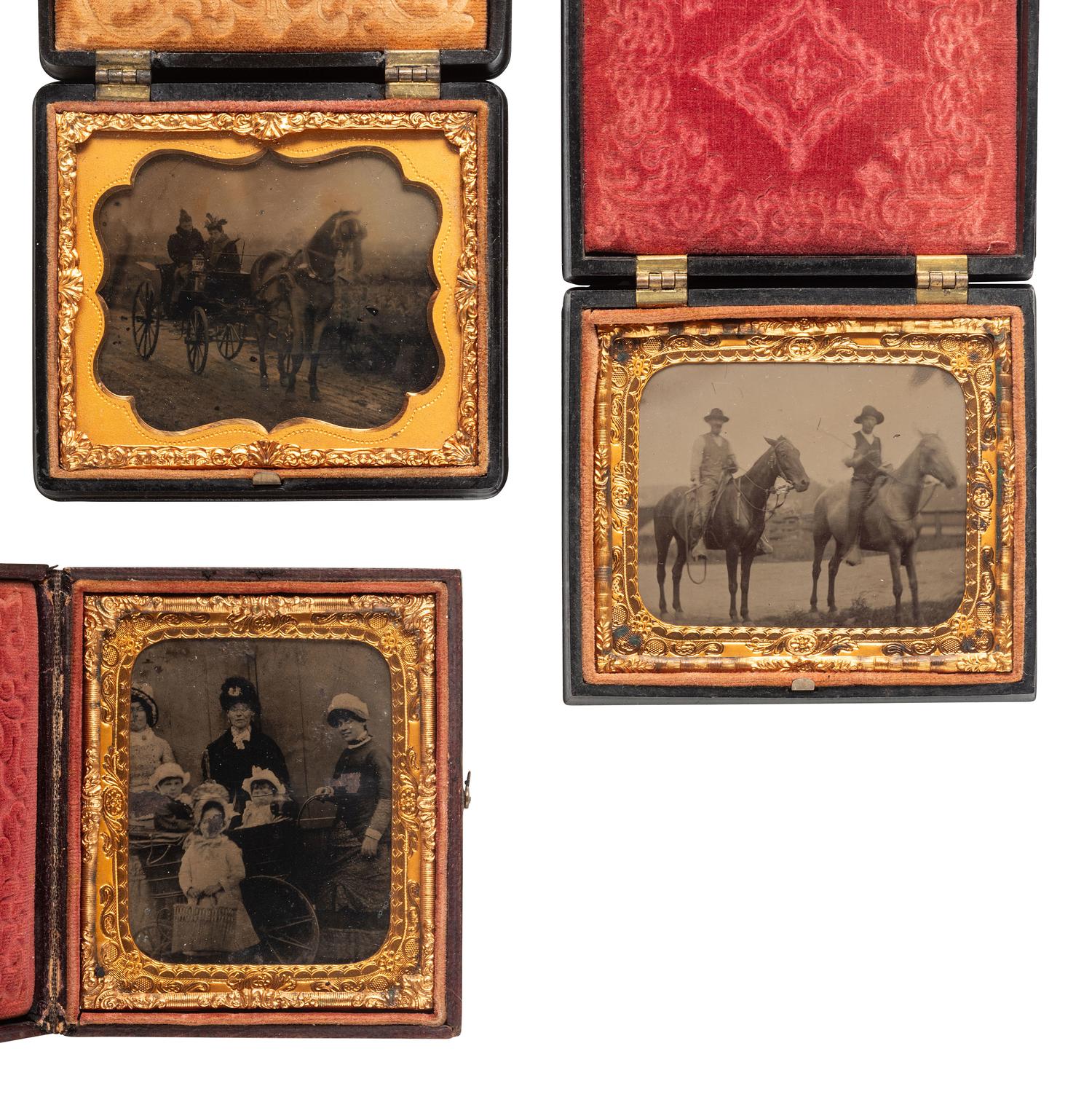 [EARLY PHOTOGRAPHY]. 5 ambrotypes and tintypes featuring horses and/or buggies, most in Union cases