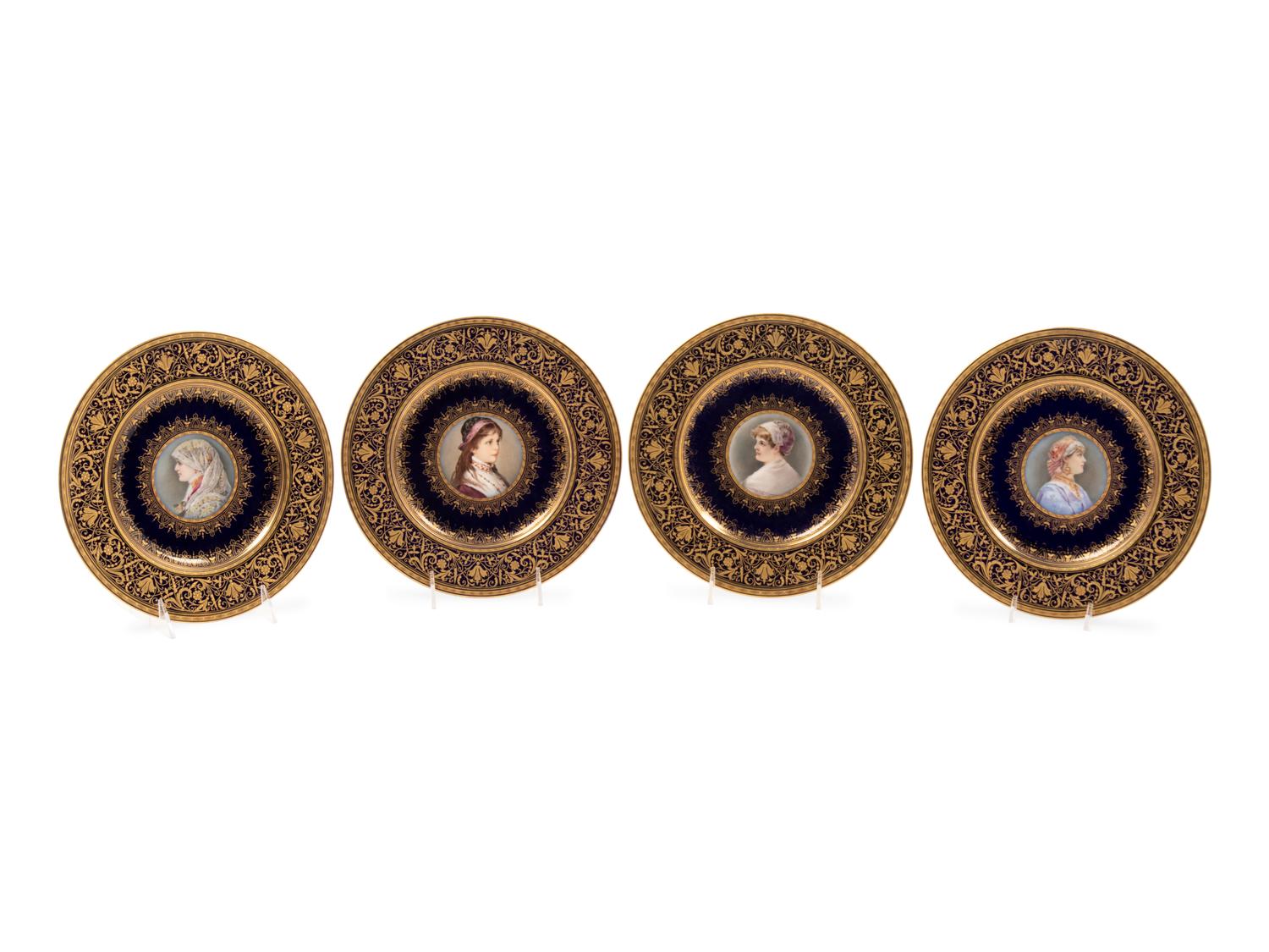 A Cased Set of Eight Vienna Style (Fischer & Mieg) Porcelain Portrait Plates