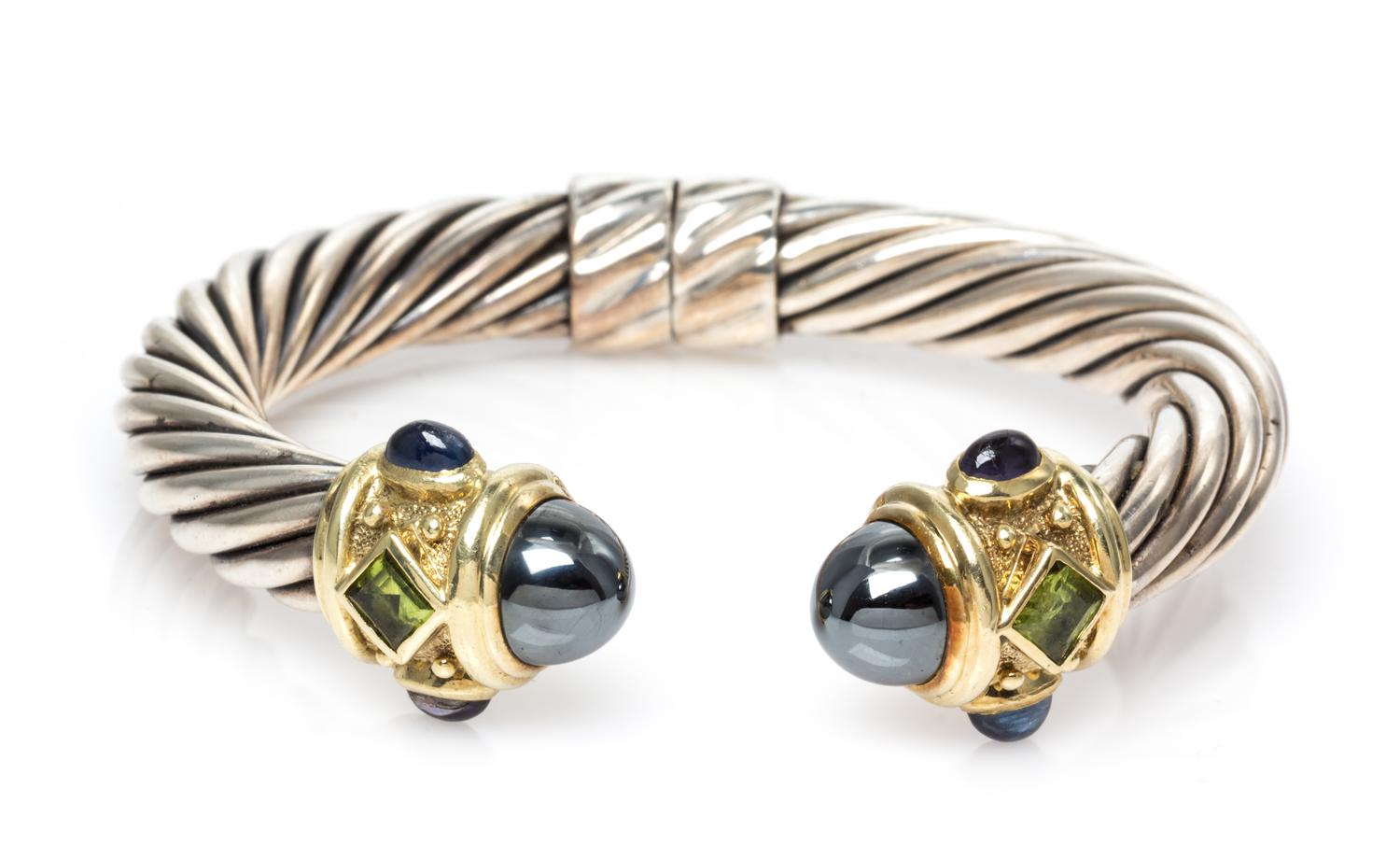 A Sterling Silver, 14 Karat Yellow Gold, Hematite, Peridot and Iolite 'Renaissance' Bracelet, David Yurman, 33.80 dwts.