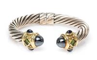 A Sterling Silver, 14 Karat Yellow Gold, Hematite, Peridot and Iolite 'Renaissance' Bracelet, David Yurman, 33.80 dwts.