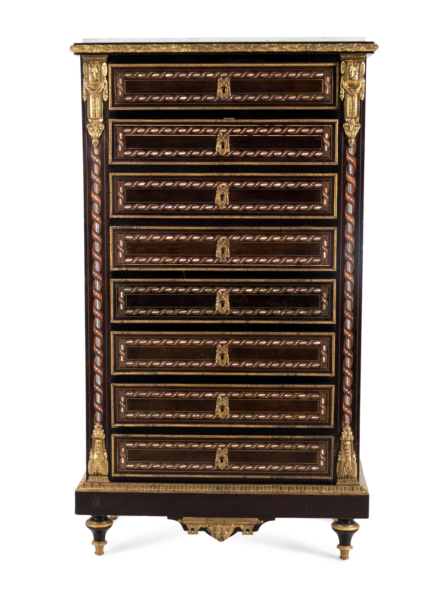 A Napoleon III Gilt Bronze Mounted Mother-of-Pearl Inlaid Semainier