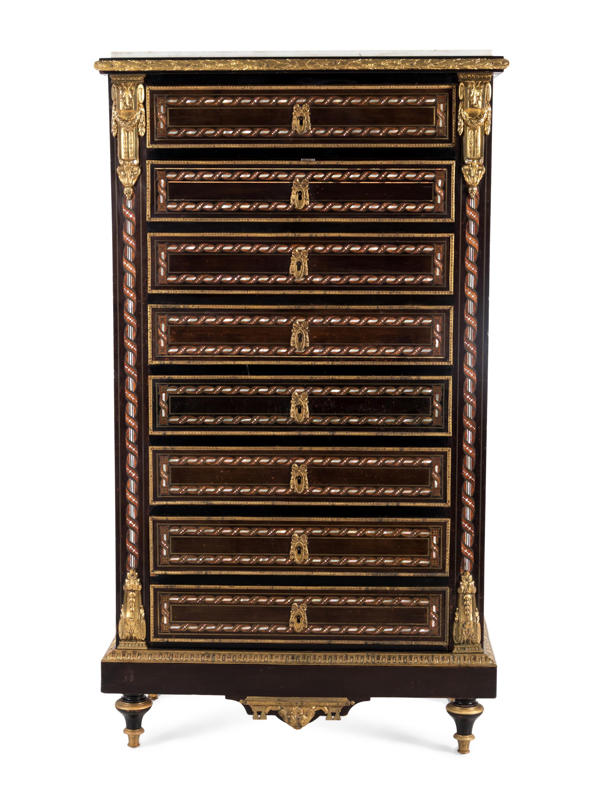 A Napoleon III Gilt Bronze Mounted Mother-of-Pearl Inlaid Semainier