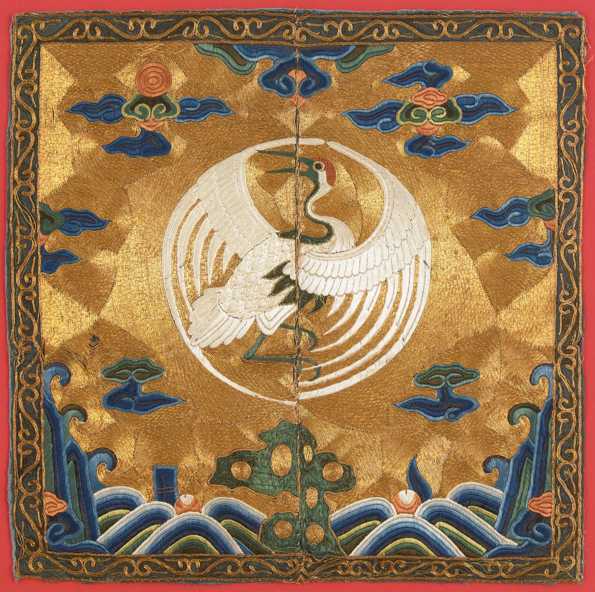 A Chinese Gold Ground 'Crane' Rank Badge, Kangxi Period 清康熙 盤金地緙絲一品文官仙鶴補子