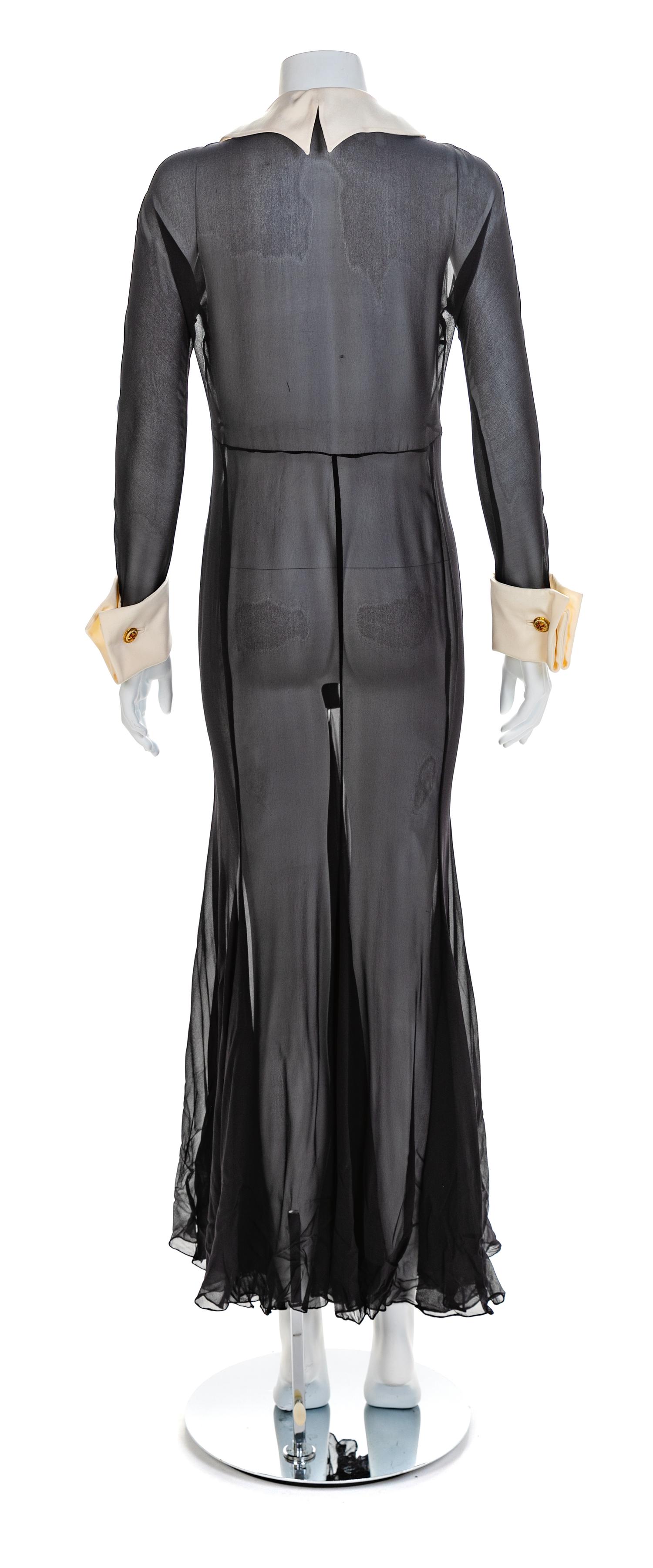 Atelier Versace Sheer Dress with White Cuffs and Goldtone, Enamel and Rhinestone Buttons, 1993