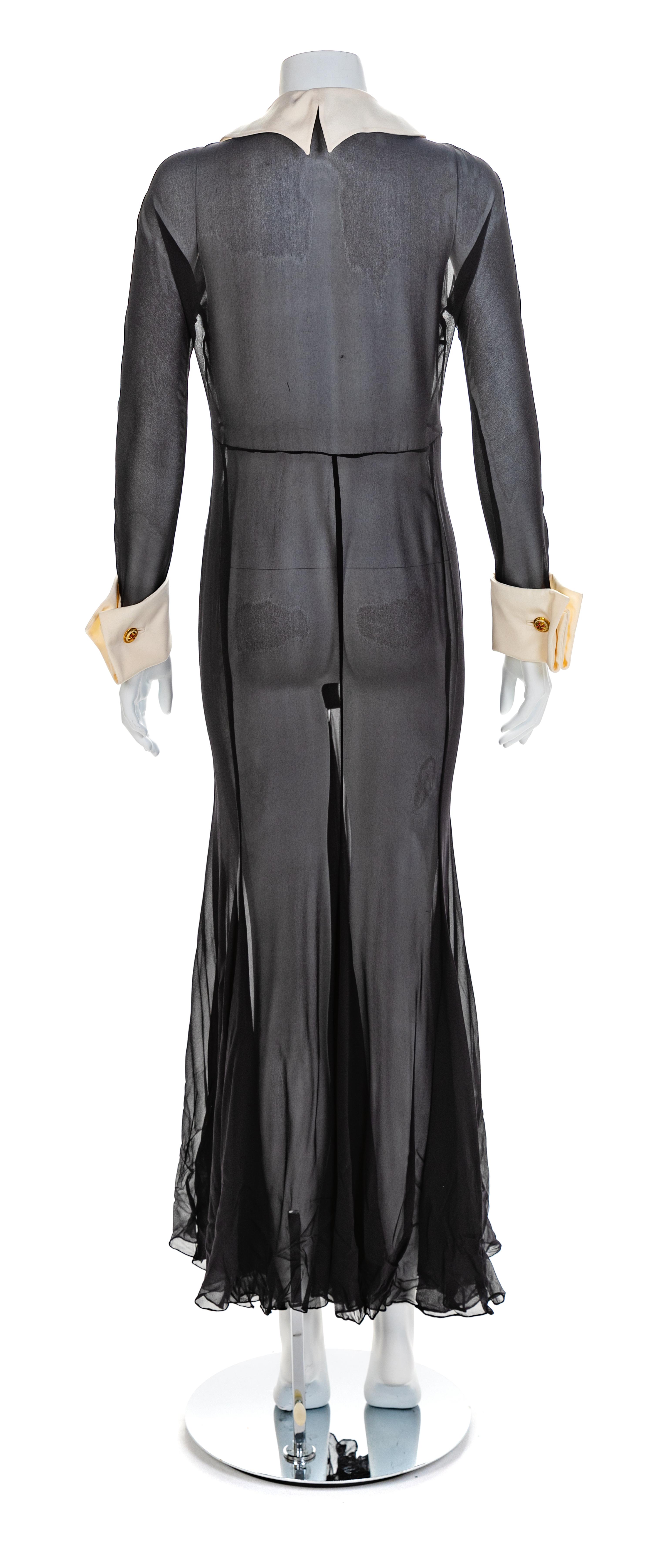 Atelier Versace Sheer Dress with White Cuffs and Goldtone, Enamel and Rhinestone Buttons, 1993
