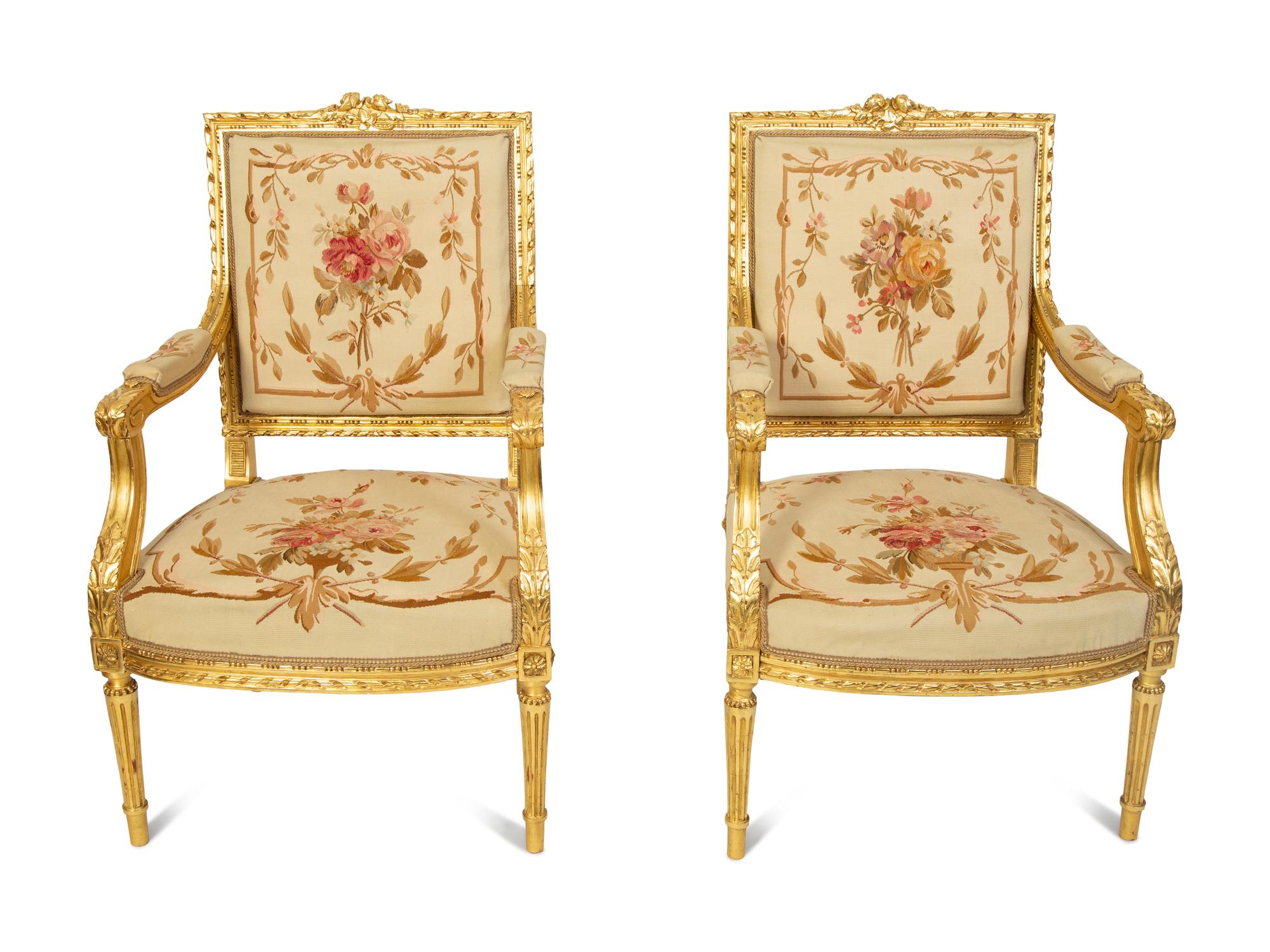 A Louis XVI Style Giltwood Five-Piece Salon Suite — LATE 19TH CENTURY