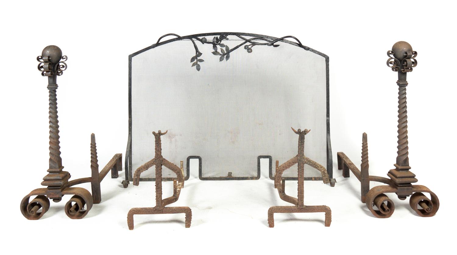A Pair of Renaissance Revival Cast Iron Andirons, Height of screen 38 x width 51 1/4 inches.