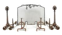 A Pair of Renaissance Revival Cast Iron Andirons, Height of screen 38 x width 51 1/4 inches.