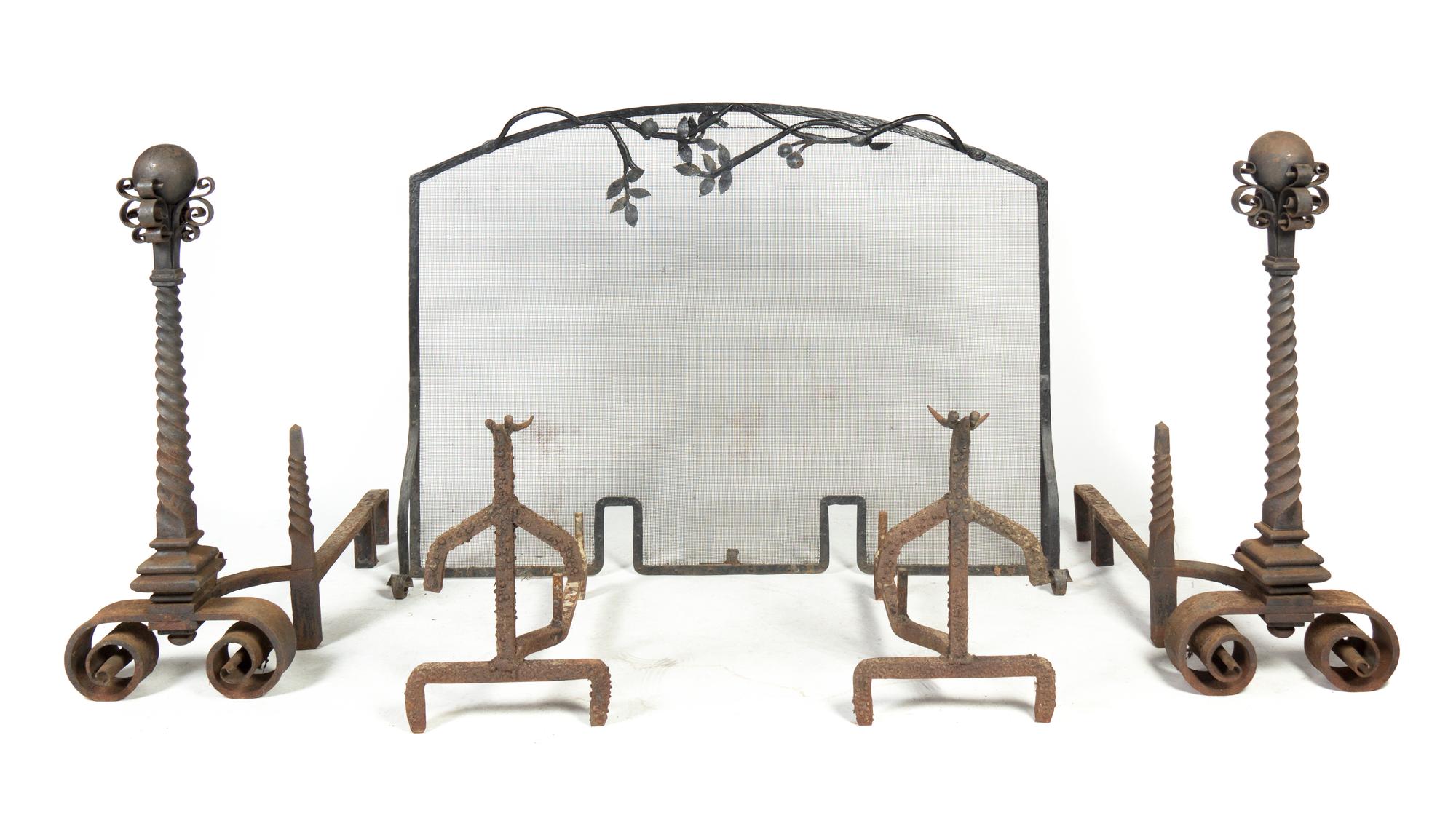 A Pair of Renaissance Revival Cast Iron Andirons, Height of screen 38 x width 51 1/4 inches.