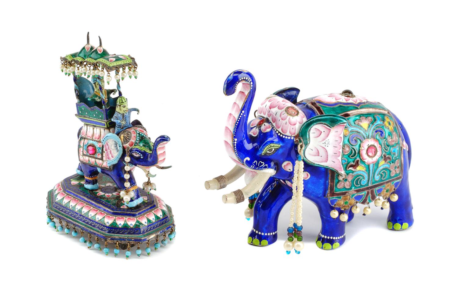 Two Indian Enameled Silver Figures Width of wider example 7 1/2 inches.