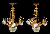 A Pair of Louis XV Style Gilt Bronze and Porcelain Four-Light Chandeliers