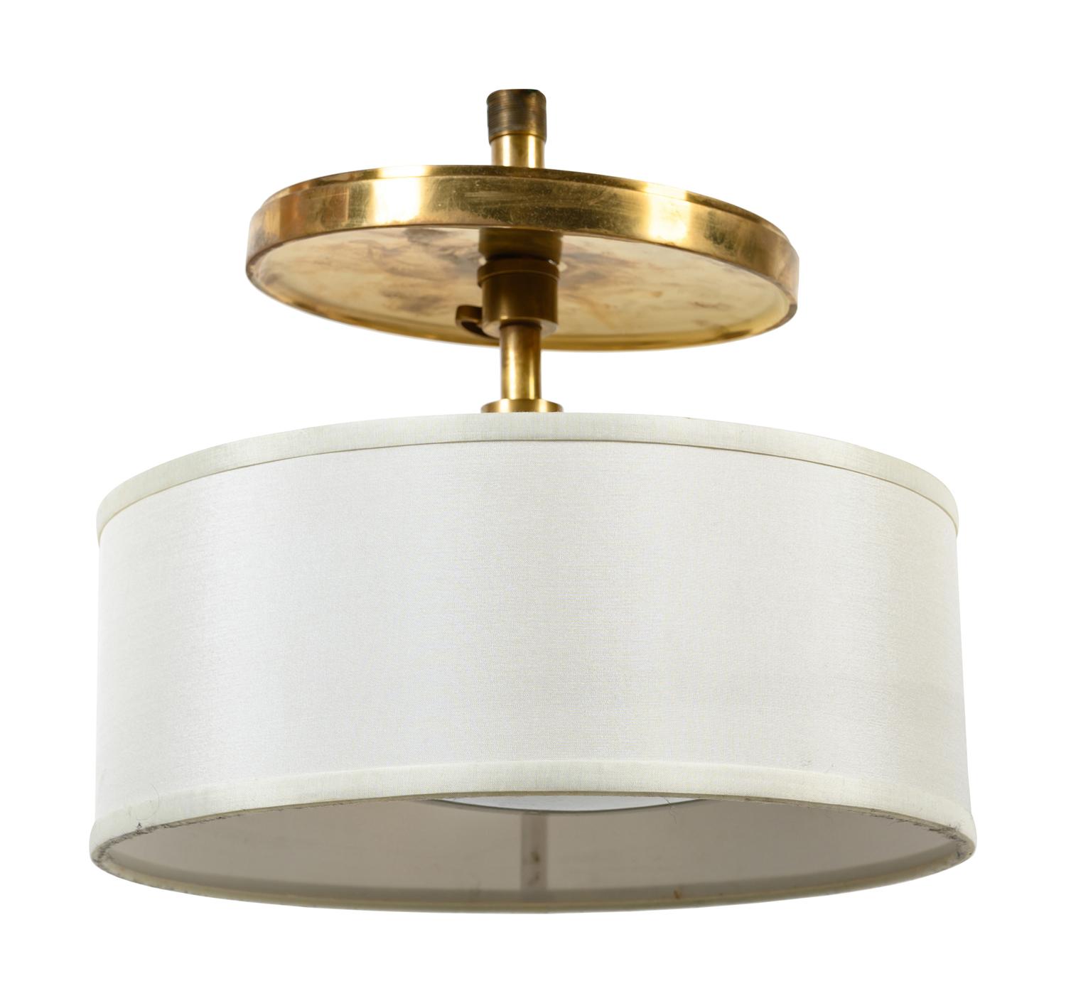 A Contemporary Brass "Sunburst" Light Fixture and a Brass Fixture with a Drum Shade
