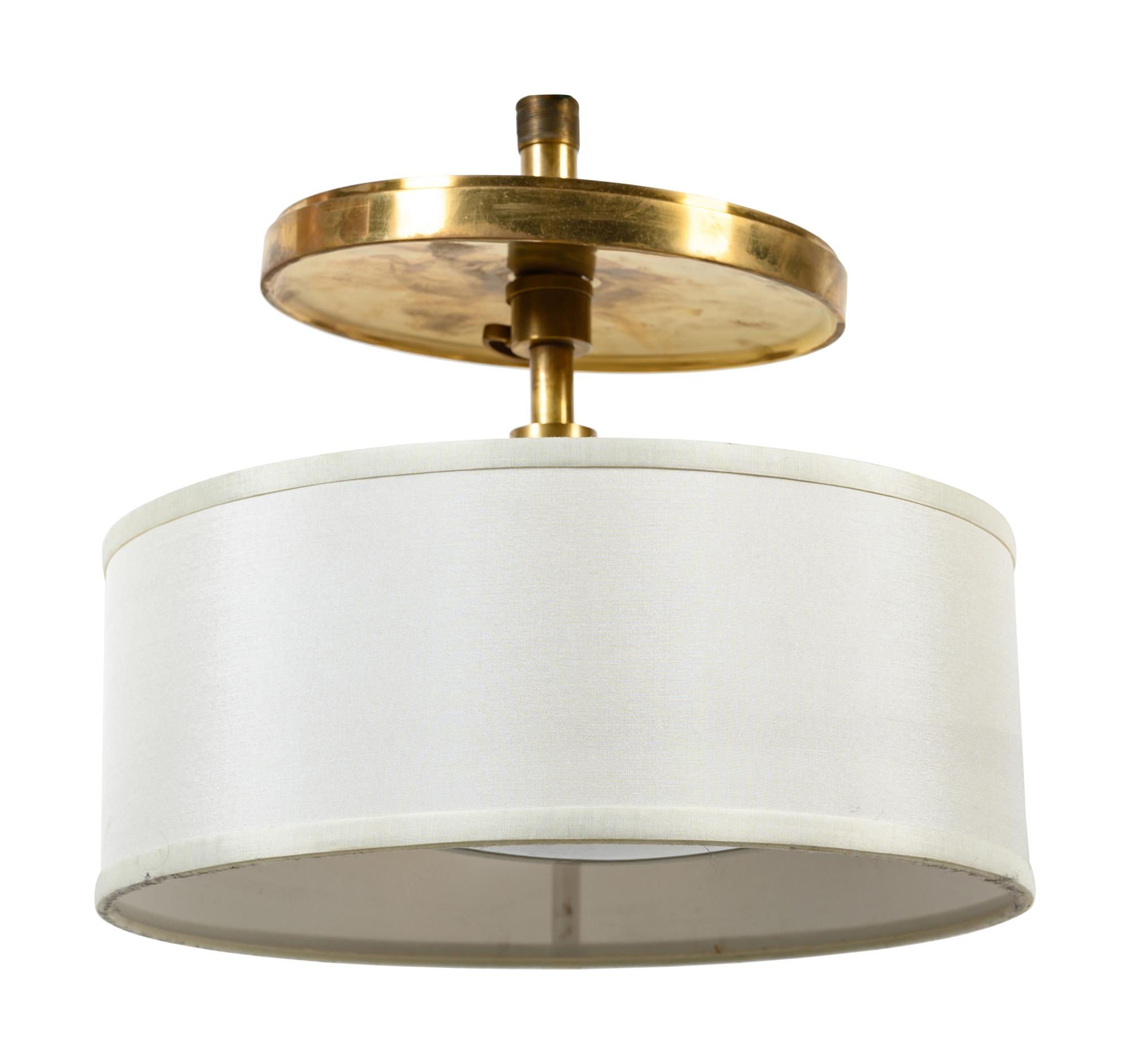 A Contemporary Brass "Sunburst" Light Fixture and a Brass Fixture with a Drum Shade