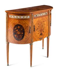 A Louis XVI Style Marquetry, Gilt Metal and Porcelain Mounted Side Cabinet
