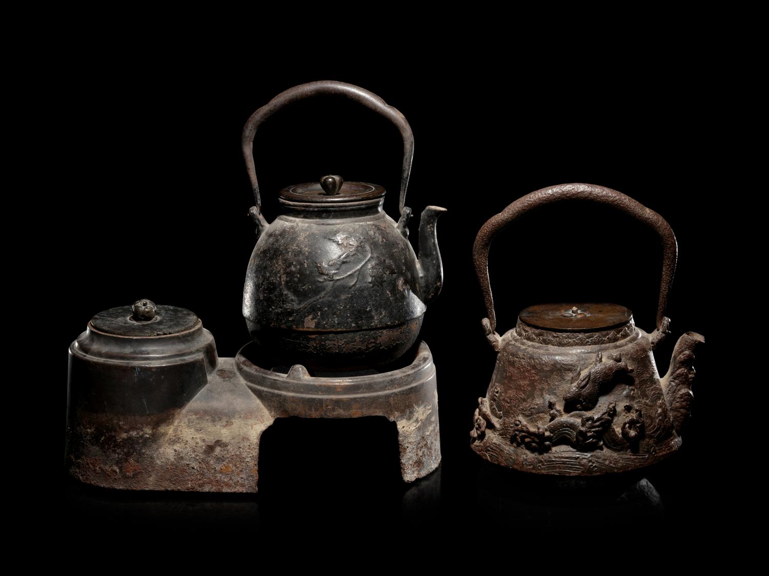 Four Japanese Cast Iron Teapots, Tetsubin