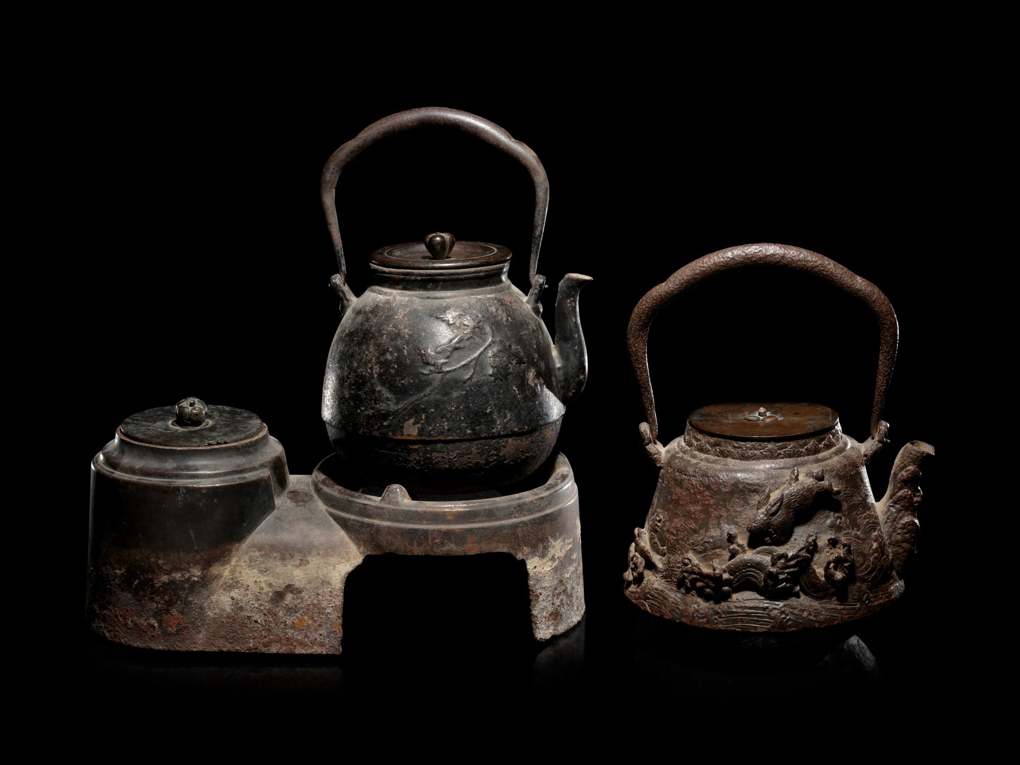 Four Japanese Cast Iron Teapots, Tetsubin
