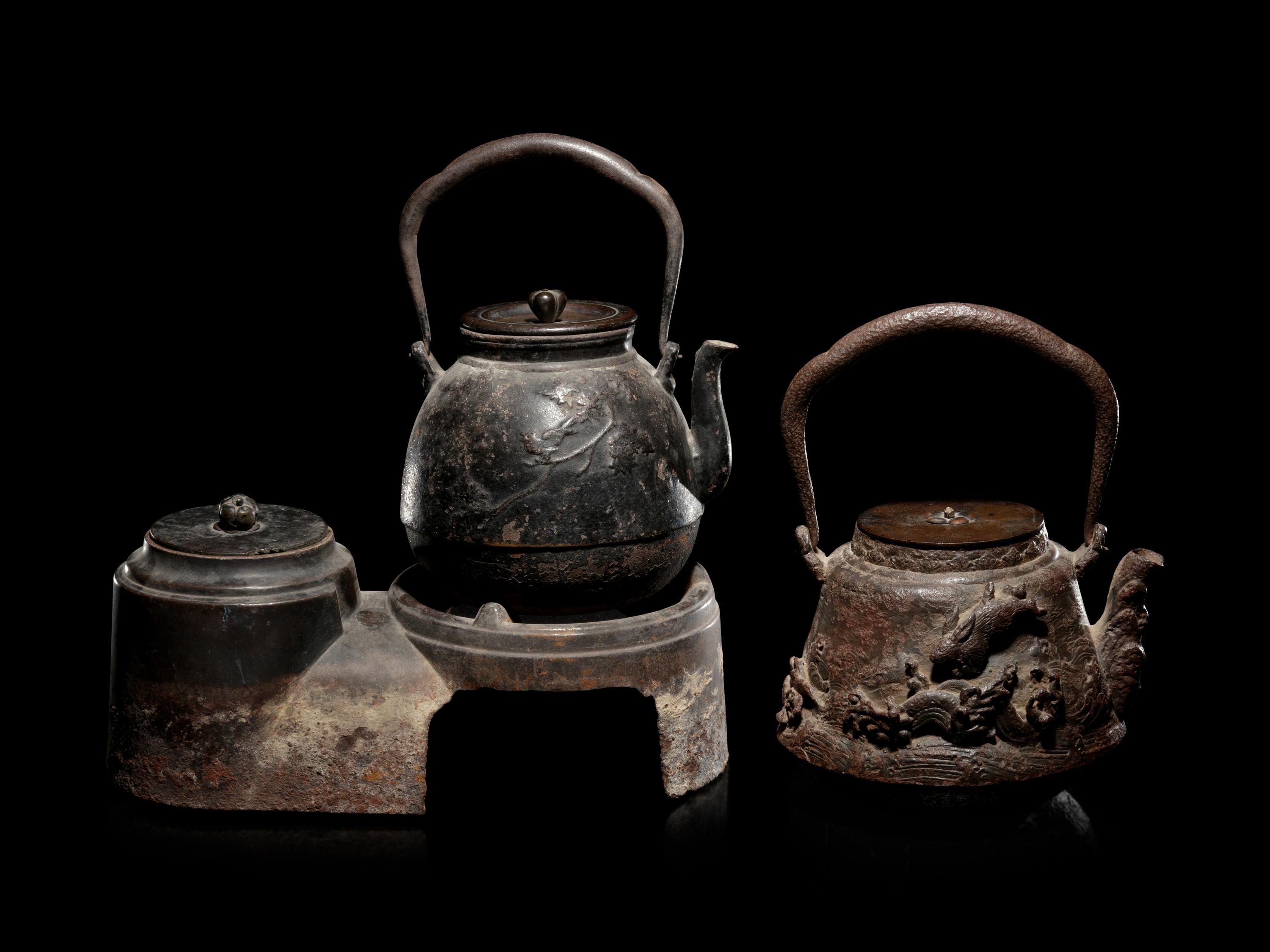 Four Japanese Cast Iron Teapots, Tetsubin