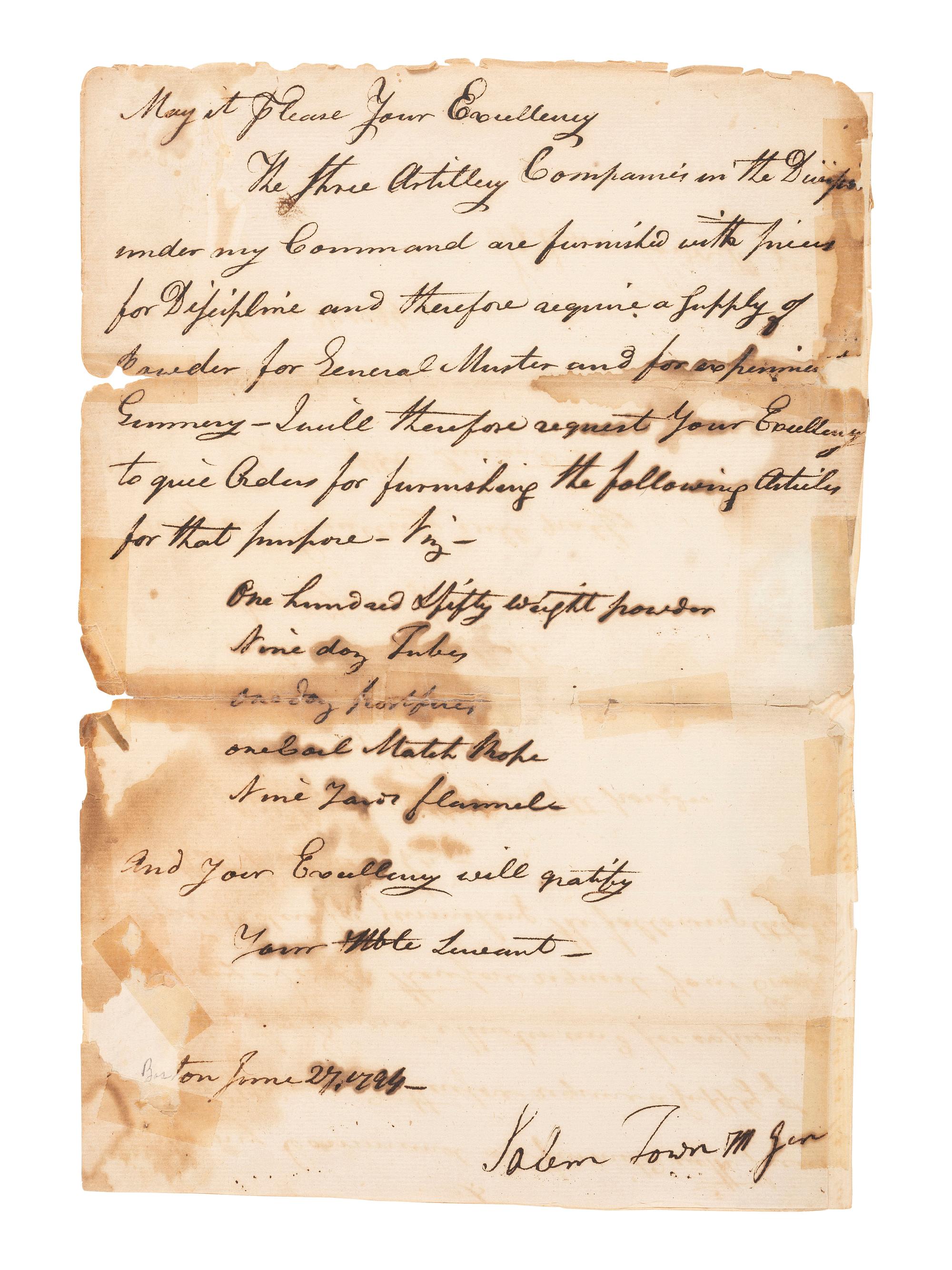 [REVOLUTIONARY WAR]. TOWN, Salem. Letter to Governor Samuel Adams requesting gunpowder for troops.