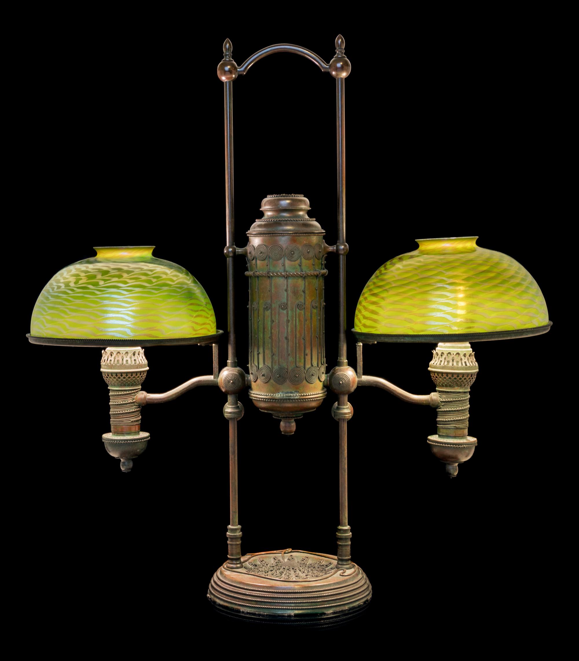Student Lamp having Damascene glass shades and bronze base cast by Manhattan Brass Co. c. 1900